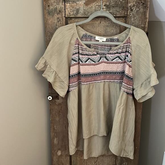 Umgee Abstract Printed Split Neck Short Ruffle Sleeve Top-Small - Picture 4 of 6